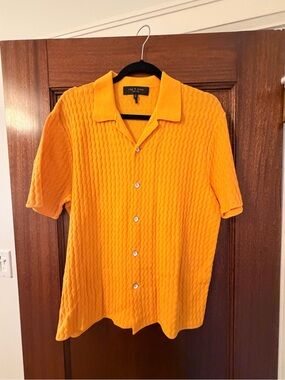 rag & bone Short-Sleeve Textured Knit Button-Down in Bright Orange